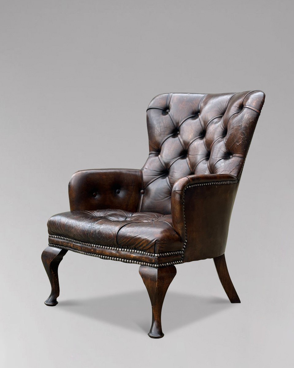 Fauteuil de Lecture Victorien Boutonné en Cuir Marron du 19ème Siècle-photo-5