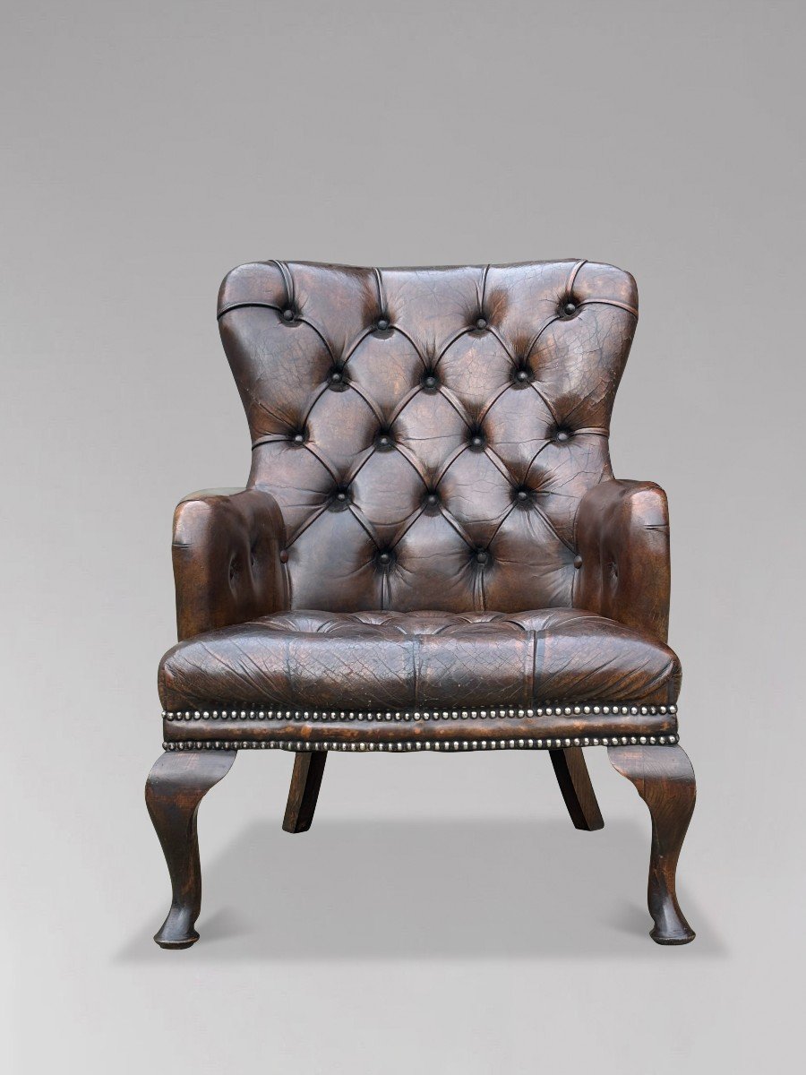 19th Century Victorian Buttoned Brown Leather Reading Armchair-photo-6