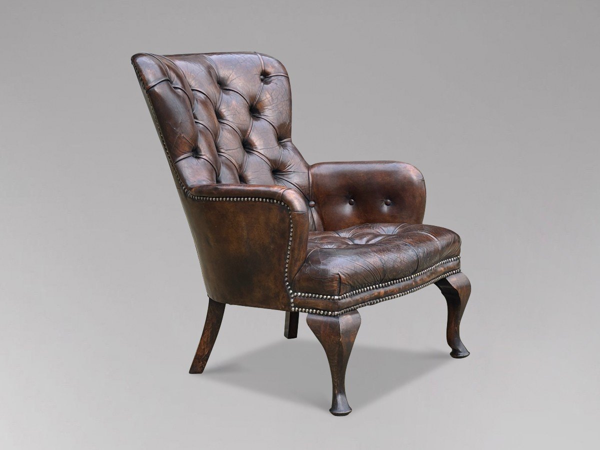 Fauteuil de Lecture Victorien Boutonné en Cuir Marron du 19ème Siècle-photo-7