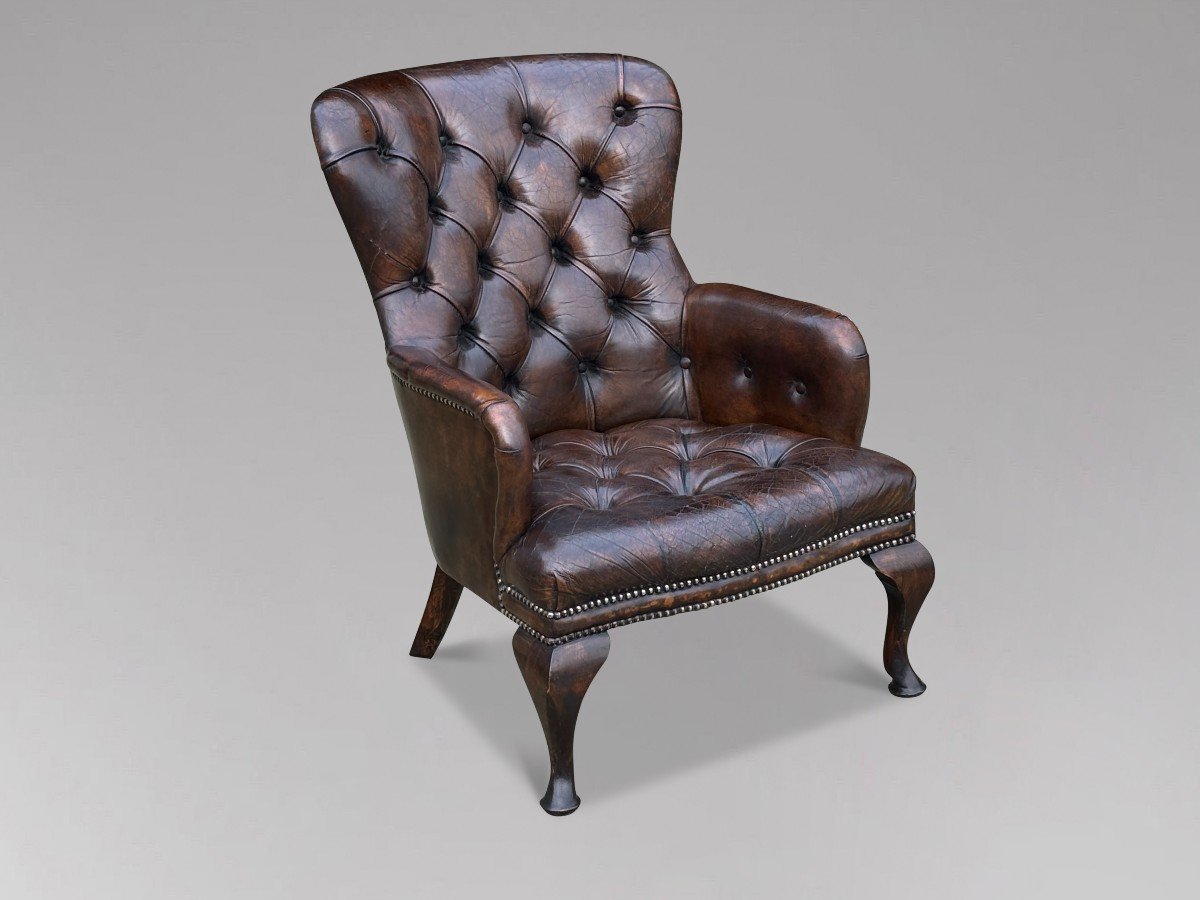 Fauteuil de Lecture Victorien Boutonné en Cuir Marron du 19ème Siècle