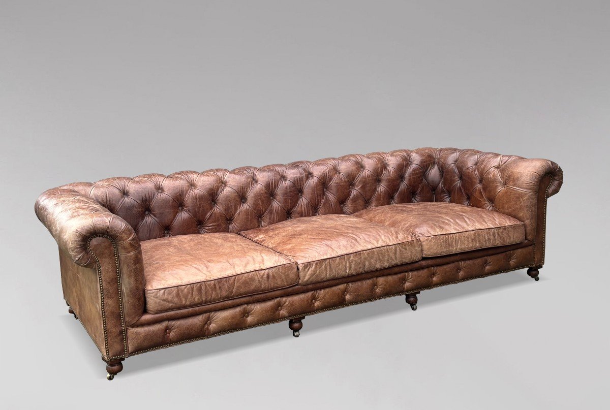 Extra Large 20th Century Brown Leather Chesterfield Sofa-photo-4