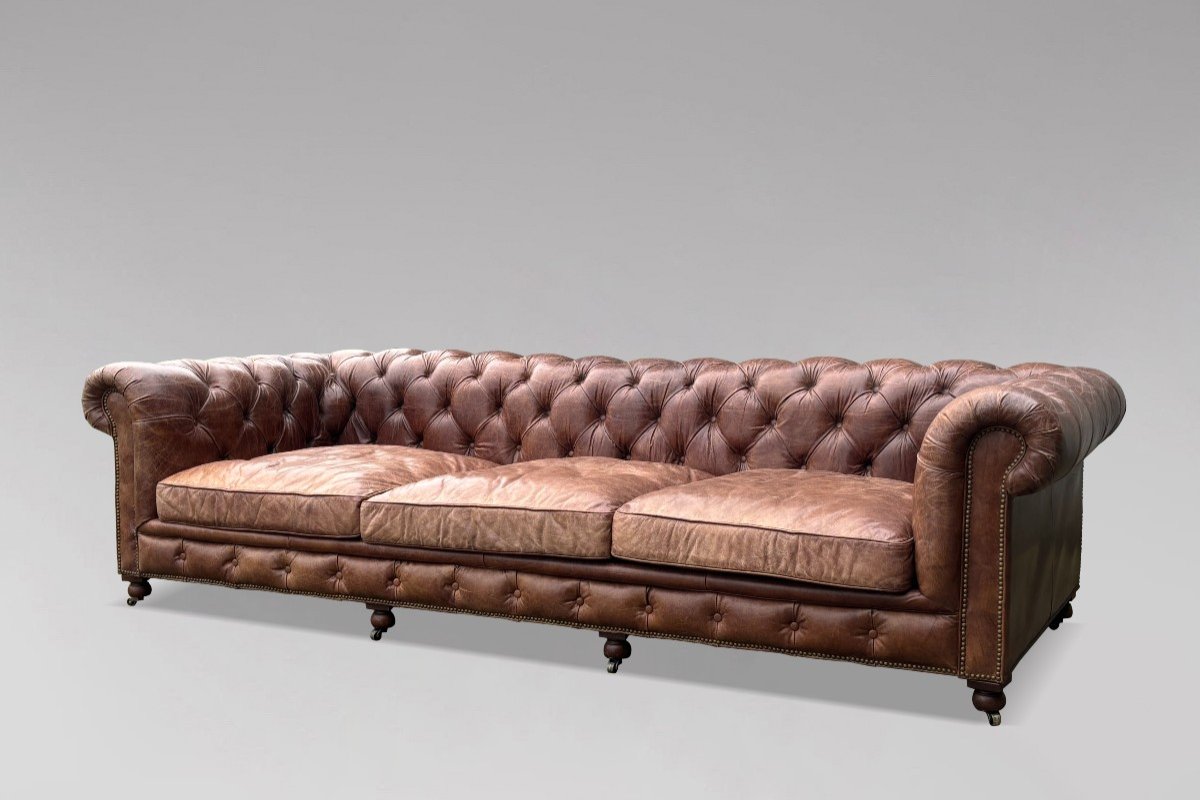 Extra Large 20th Century Brown Leather Chesterfield Sofa-photo-5