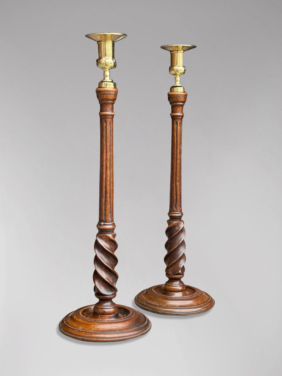 Pair Of 19th Century Scottish Mahogany & Brass Candlesticks