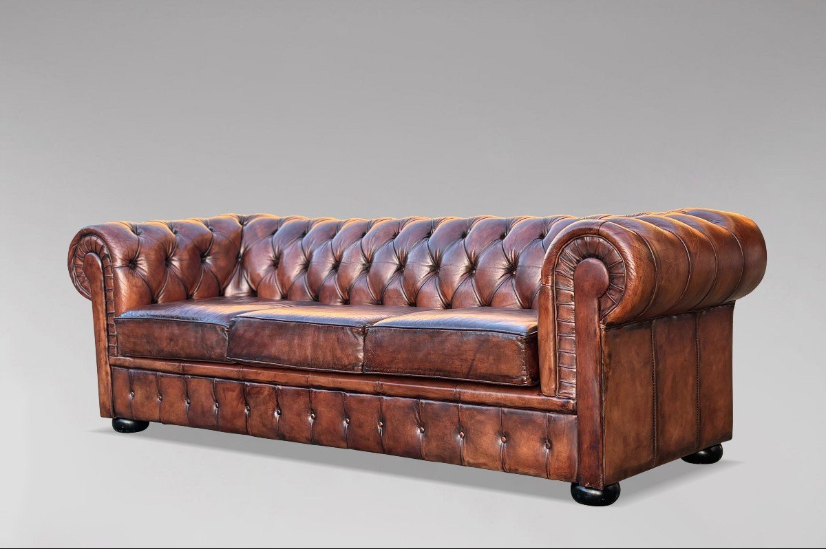 Grand Canapé Chesterfield 3 Places en Cuir Marron