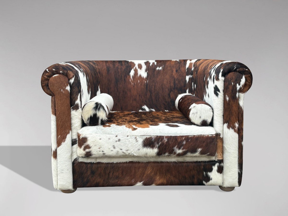 Très Grand Fauteuil de Lounge Italien Marron et Blanc en Fourrure de Vache-photo-3