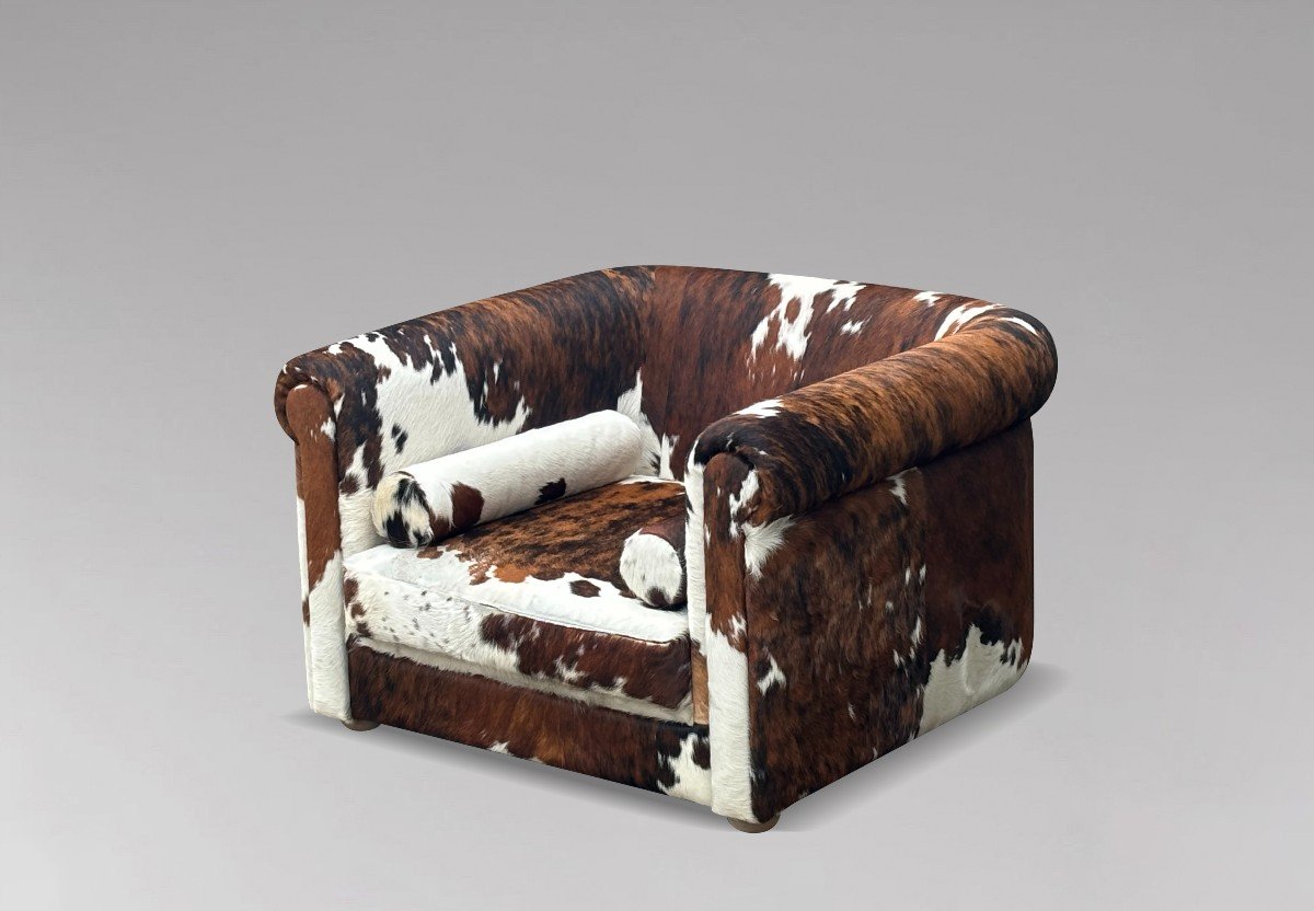 Très Grand Fauteuil de Lounge Italien Marron et Blanc en Fourrure de Vache-photo-6