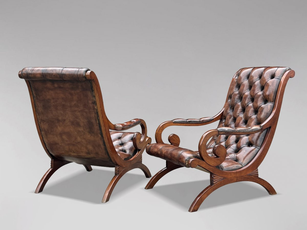Pair Of Edwardian Period Brown Leather Chesterfield Slipper Chairs-photo-3