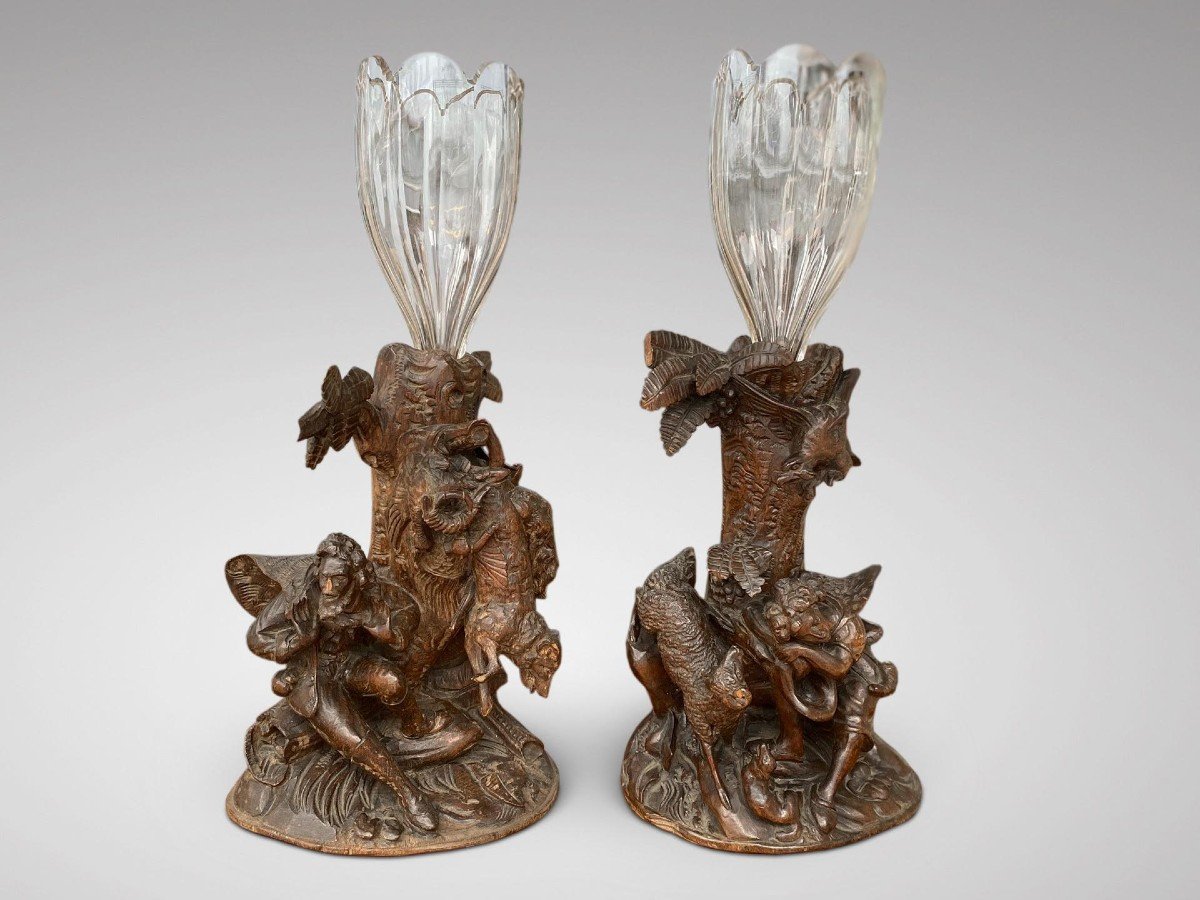 19th Century Pair Of Black Forest Carved Wood Flower Vases