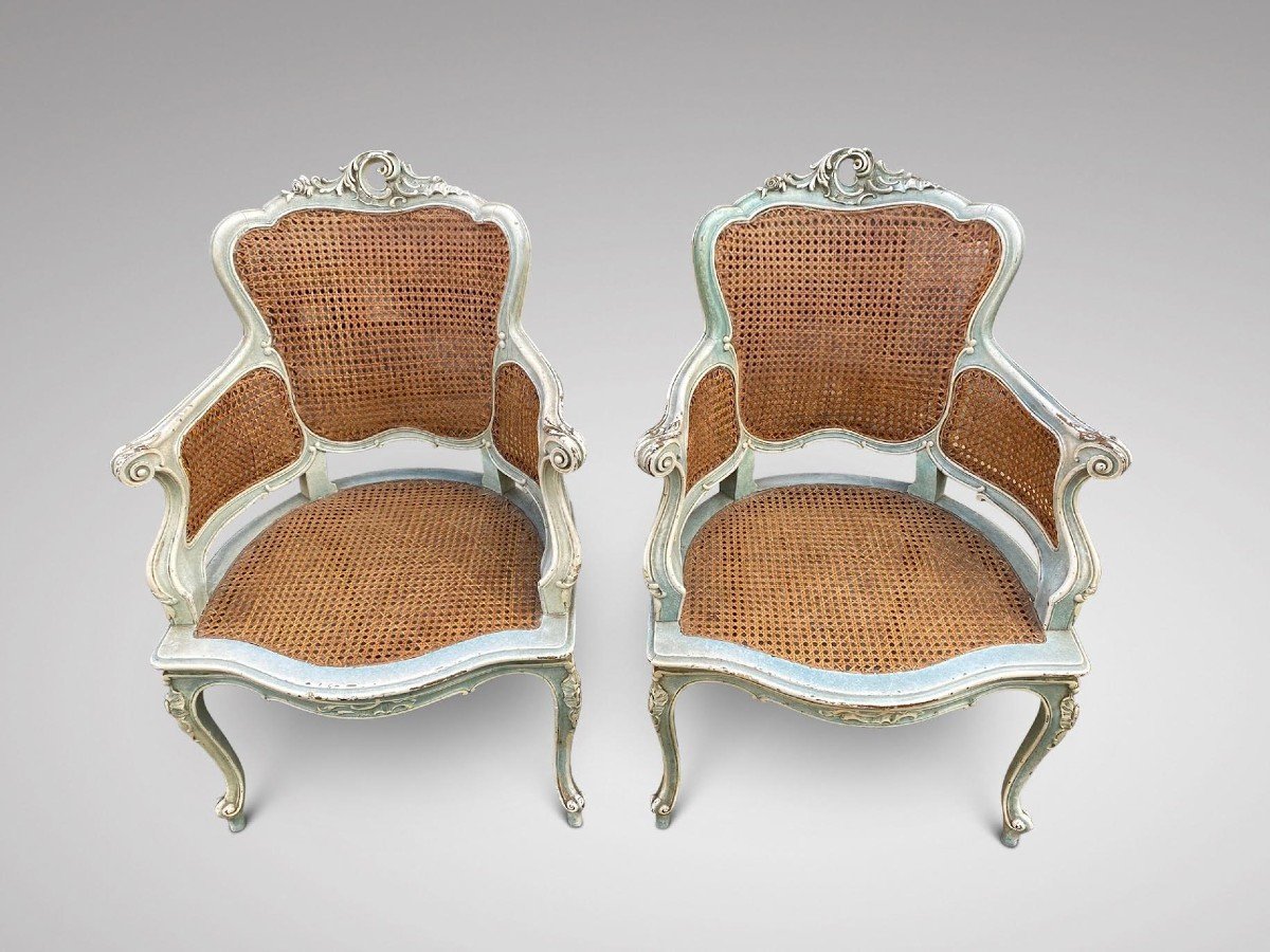 19th Century Pair Of French Cane And Painted Armchairs-photo-2