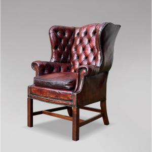 19th Century Burgundy Leather Wing Armchair
