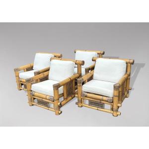 Ensemble de 4 Grands Fauteuils Lounge Pagode en Bambou, 1980s