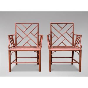 Pair Of Painted Chippendale Faux Bamboo Armchairs