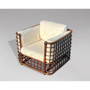 1970's Bamboo & Rattan Cube Armchair By Henry Olko