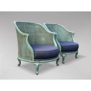 19ème Siècle, Paire de Fauteuils Bergère en Cannage Peint 