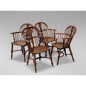 Set Of 4 19th Century Oak & Elm Windsor Armchairs