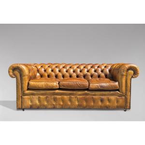 20th Century Antique Golden Brown Leather 3 Seater Chesterfield