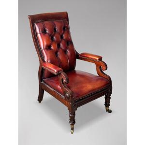 19ème Siècle, Fauteuil de Bibliothèque en Acajou et Cuir d'Époque Guillaume IV 