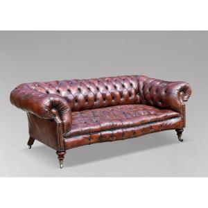 19ème Siècle, Canapé Chesterfield en Cuir Marron d'Époque Victorienne