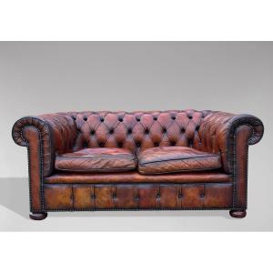 Canapé Chesterfield en Cuir Marron Début 20ème Siècle