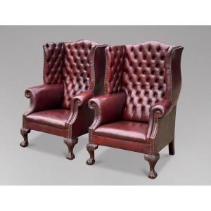 Large Pair Of Leather Wing Armchairs