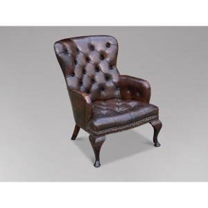 Fauteuil de Lecture Victorien Boutonné en Cuir Marron du 19ème Siècle