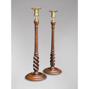 Pair Of 19th Century Scottish Mahogany & Brass Candlesticks