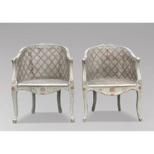 Paire de Fauteuils Bergère en Cannage Peint de Style Louis XV