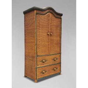 1970s French Woven Wicker Wardrobe Armoire