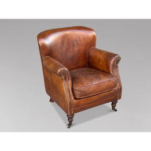 Mid Century French Brown Leather Club Armchair