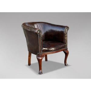 Fauteuil de Bureau en Cuir Marron d'époque Guillaume IV 19ème Siècle