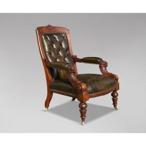 19th Century Victorian Period Arts & Crafts Walnut Leather Library Armchair