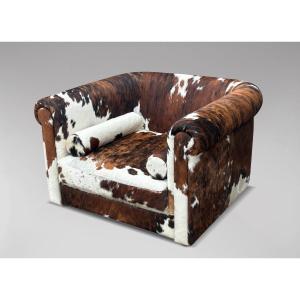 Oversized Italian Brown & White Cow Fur Leather Lounge Armchair