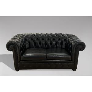 Black Leather 2-seater Chesterfield Sofa