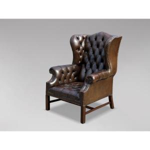 Début  20ème Siècle, Fauteuil à Oreilles en Cuir Marron de Style Géorgien