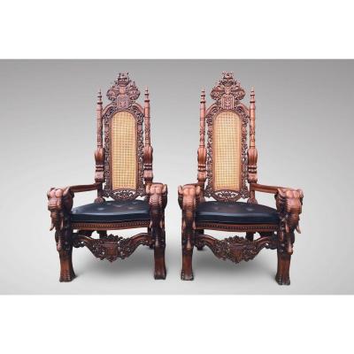20th Century Large Impressive Pair Of Carved Elephant Throne Chairs