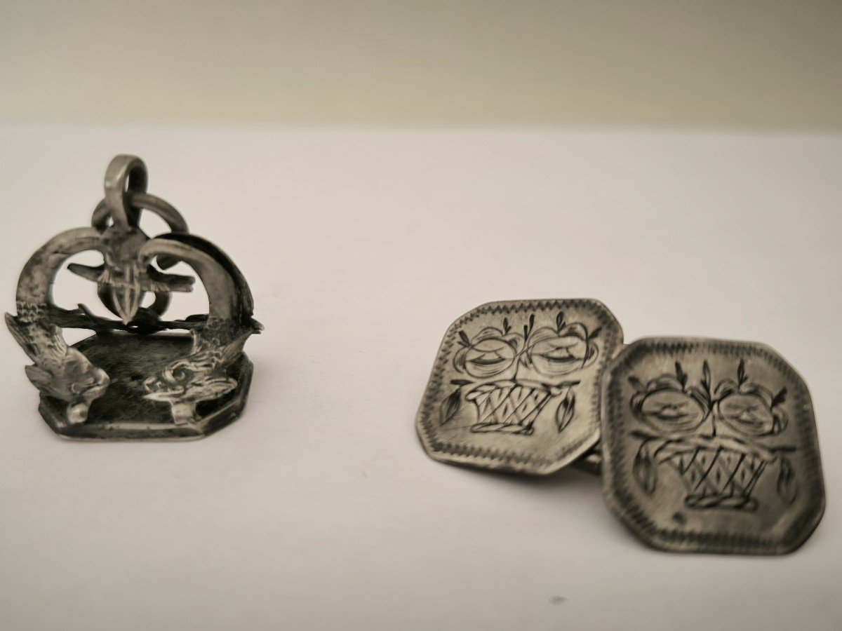 Exceptional Set Of Cufflinks And Naval Officer's Stamp 1st Empire 