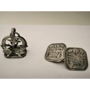 Exceptional Set Of Cufflinks And Naval Officer's Stamp 1st Empire 