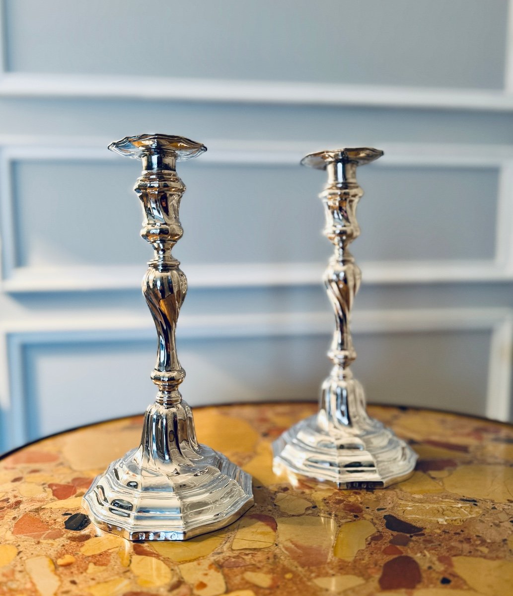 Pair Of Solid Silver Twisted Candlesticks - Mons, 1778