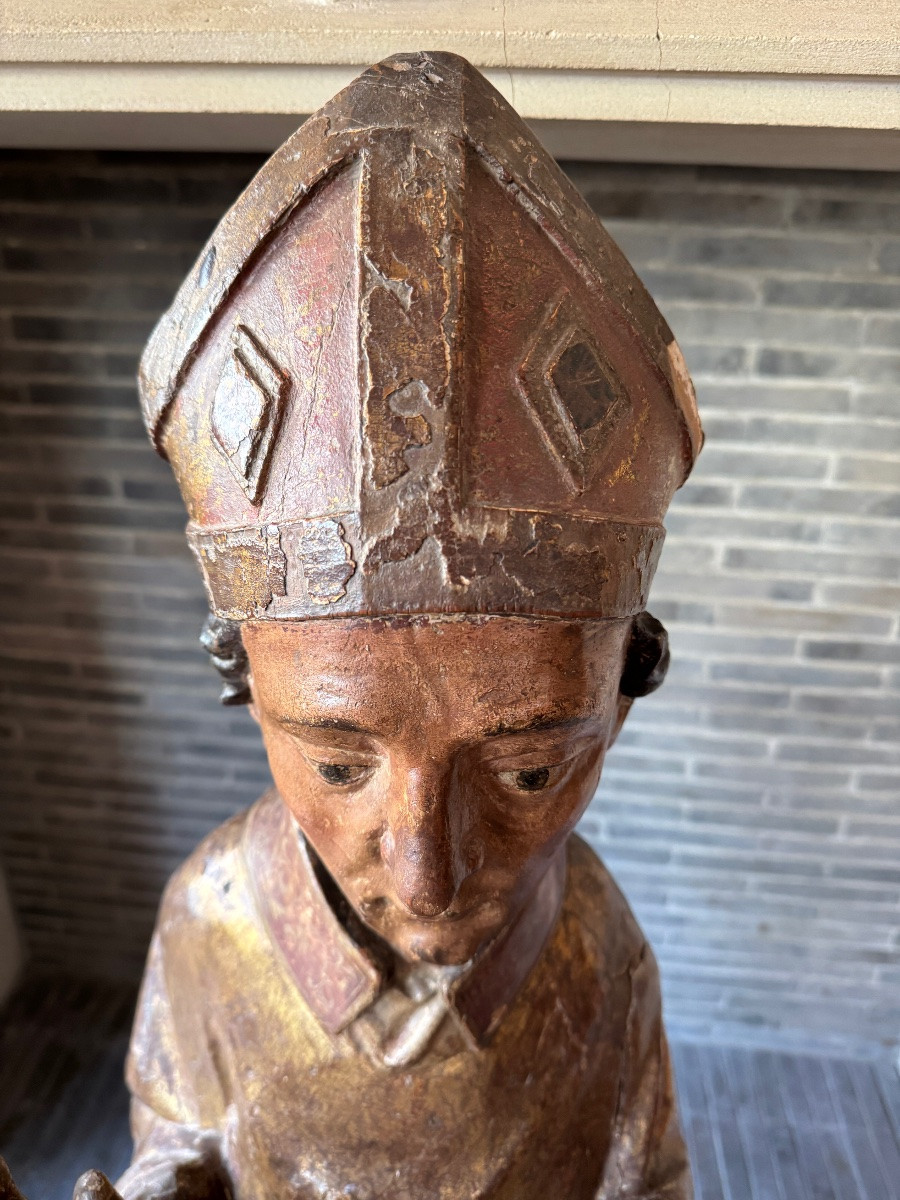 Large Saint Bishop In Carved Wood, 15th - Early 16th Century-photo-1