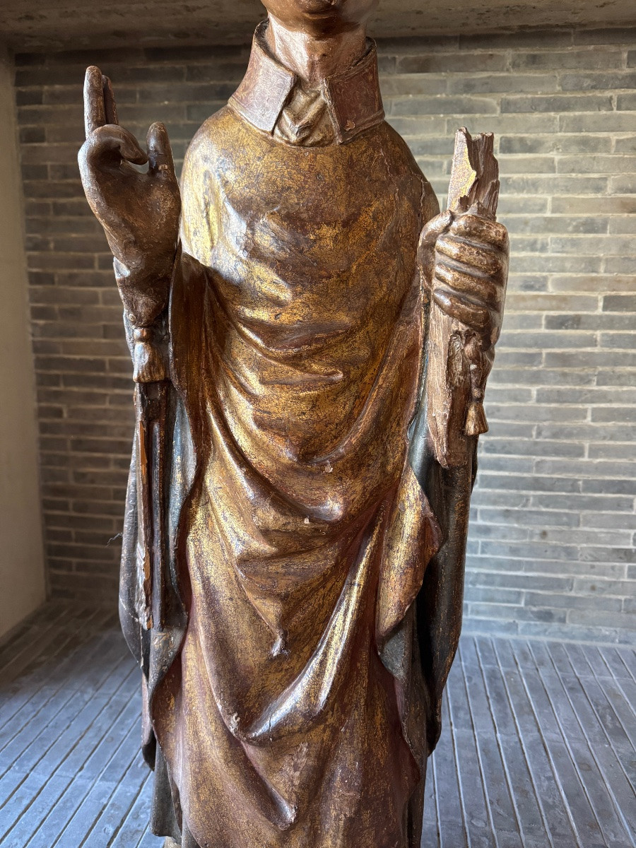 Large Saint Bishop In Carved Wood, 15th - Early 16th Century-photo-2