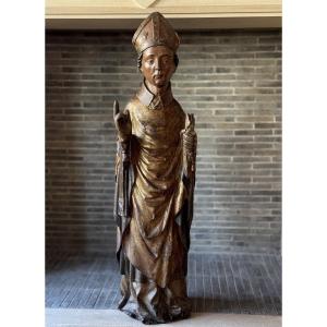 Large Saint Bishop In Carved Wood, 15th - Early 16th Century