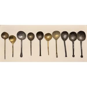 Set Of 10 Pewter And Brass Spoons, Dating From The 15th To The 17th Century. 