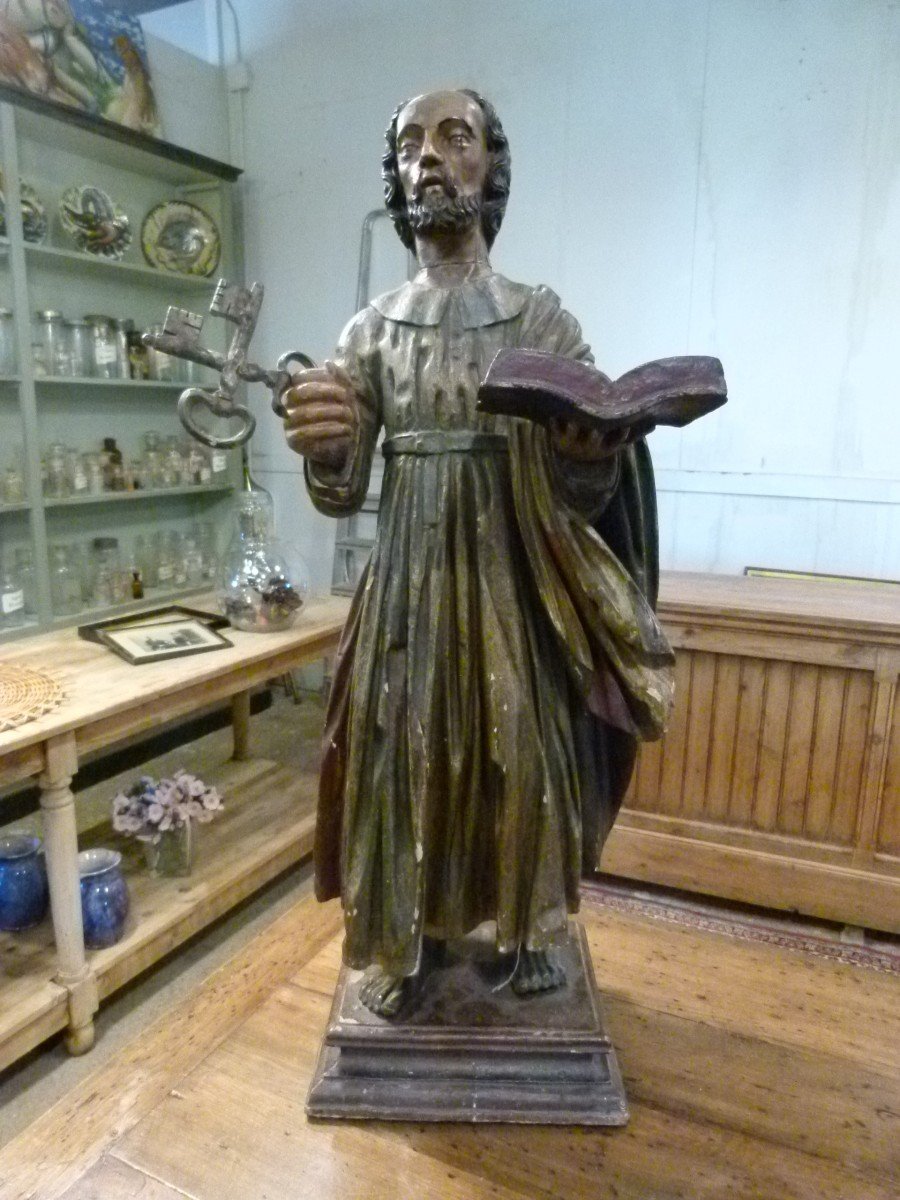 Statue De Saint Pierre En Bois Polycromé 18ème