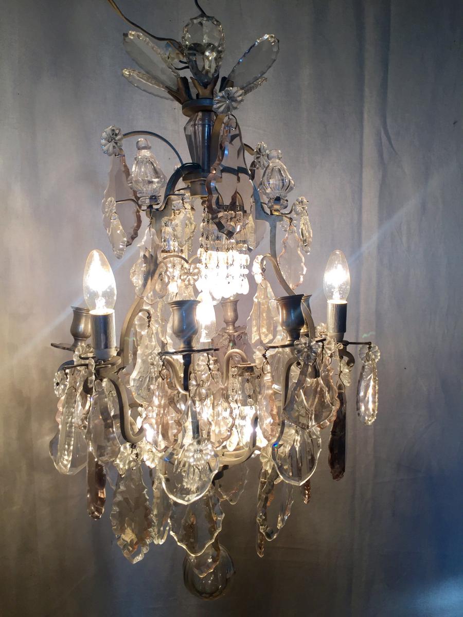 Chandelier In Bronze Silver And Crystal Pendants