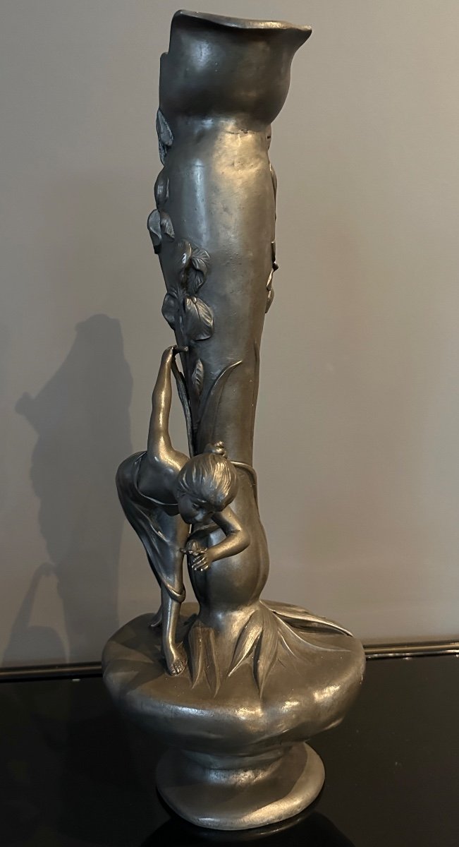 Vase Art Nouveau Etain 'jeune Fille Cueillant Un Nenuphar' Signe W. Hering Début 20ème-photo-3