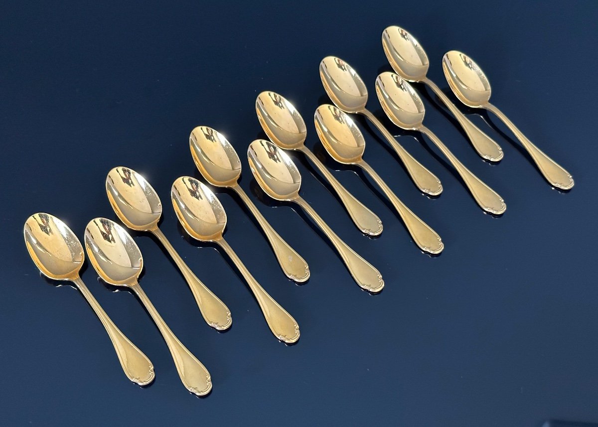 Christofle, Suite Of 12 Small Spoons A Mocha Vermeil Alfenide