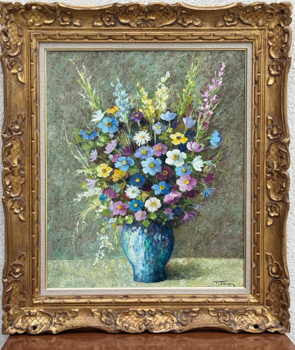 Paul Feron, Oil On Canvas With Bouquet Signed 20th Century