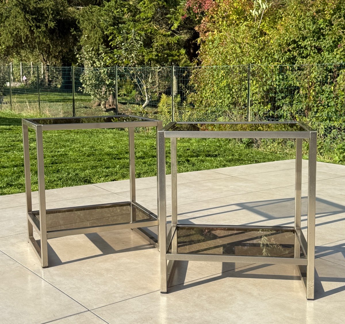 Maison Jansen, Pair Of Brushed Steel Side Tables Circa 1970-photo-2