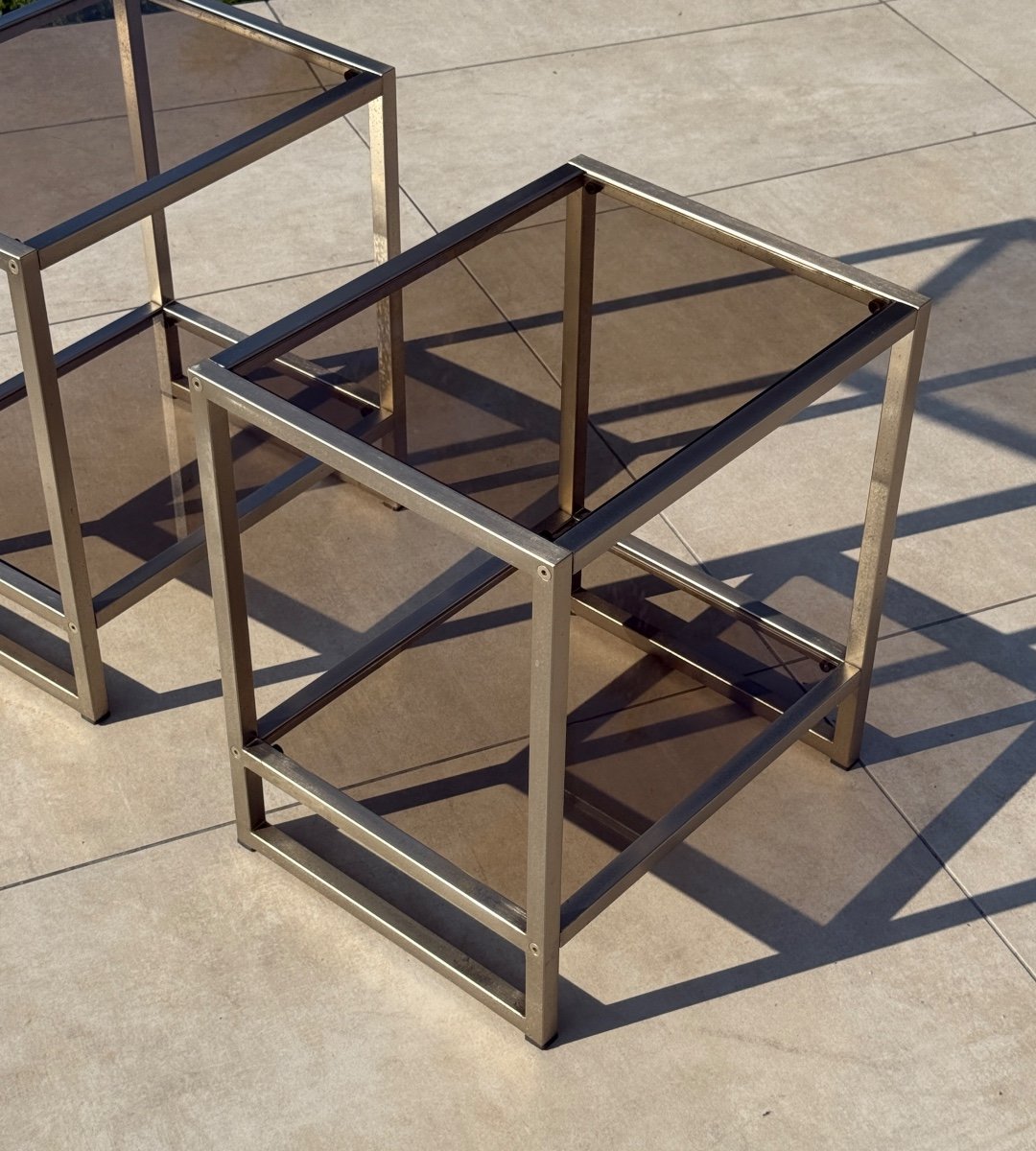 Maison Jansen, Pair Of Brushed Steel Side Tables Circa 1970-photo-4