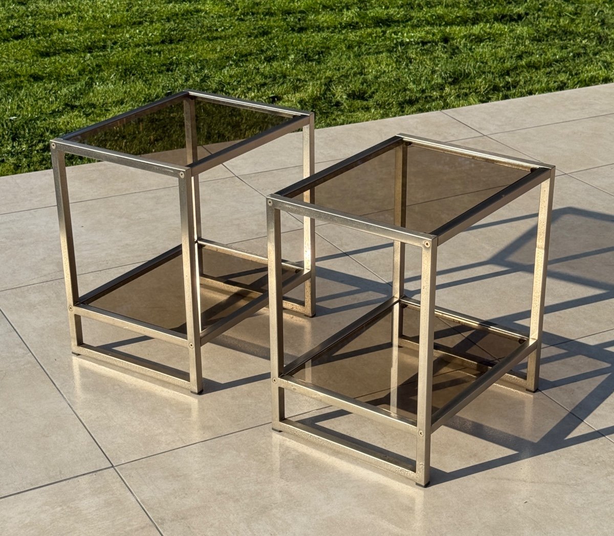 Maison Jansen, Pair Of Brushed Steel Side Tables Circa 1970-photo-3